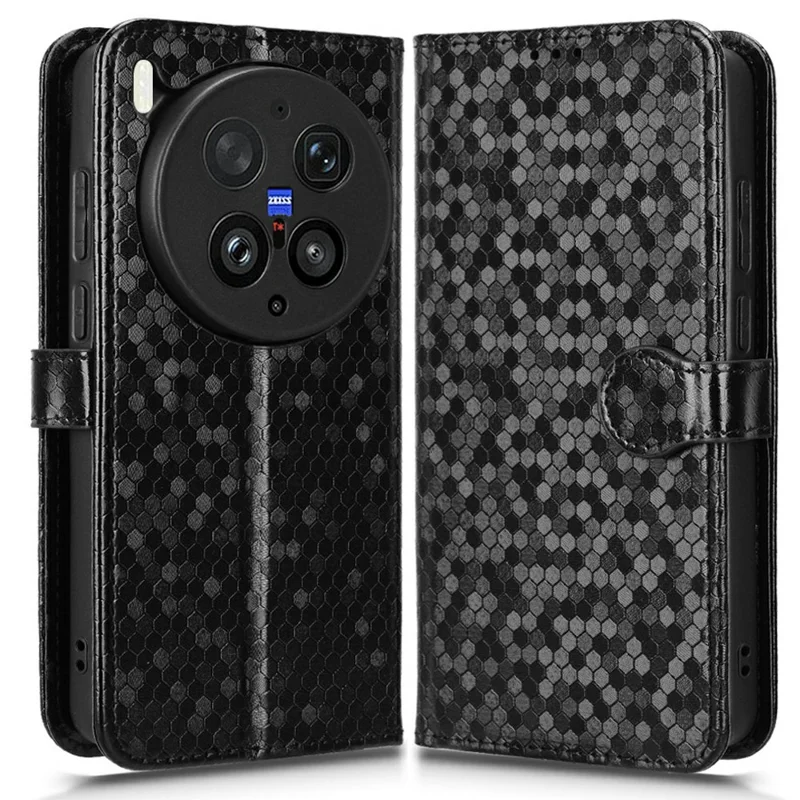For vivo X300 Ultra 5G Wallet Case Dot Pattern Imprint PU Leather Phone Cover with Wrist Strap - Black