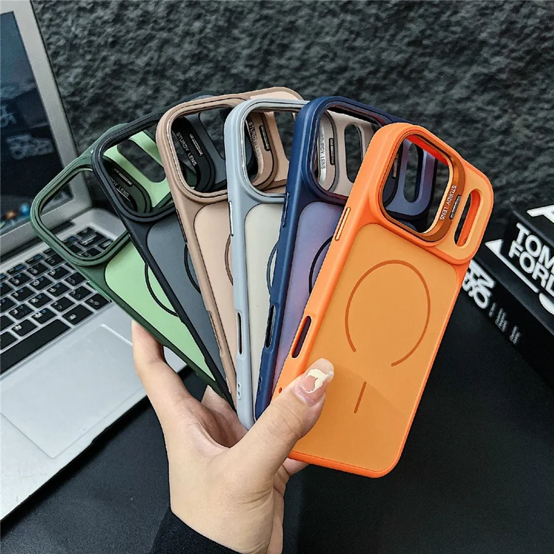 For iPhone 17 Pro Magnetisk Case Kompatibel med MagSafe Skin-Touch PC + TPU Cover med Objektrams Kickstand - Blå