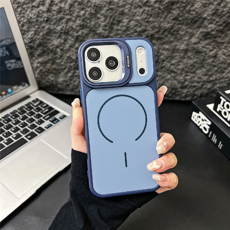 For iPhone 17 Pro Max Magnetisk Omslag Kompatibel med MagSafe Skin-touch PC + TPU Omslag med Stativ i Linsram - Blå