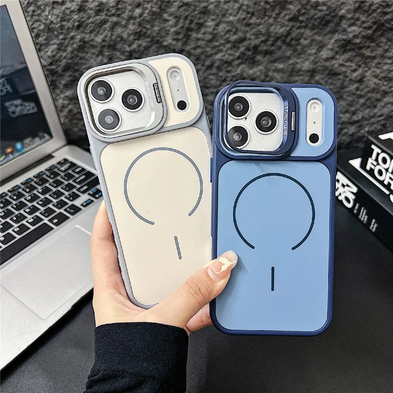 For iPhone 17 Pro Max Magnetisk Omslag Kompatibel med MagSafe Skin-touch PC + TPU Omslag med Stativ i Linsram - Blå
