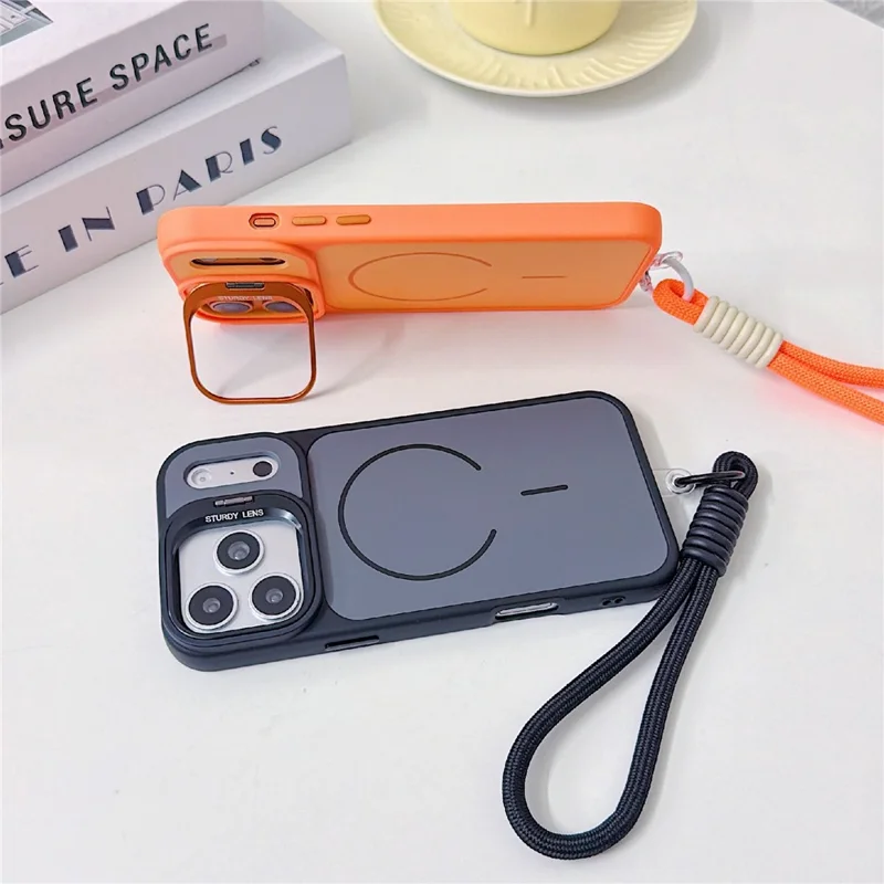 For iPhone 17 Pro Magnetic Case Lens Frame Kickstand Skin-touch PC + TPU Cover with Wrist Strap - Beige