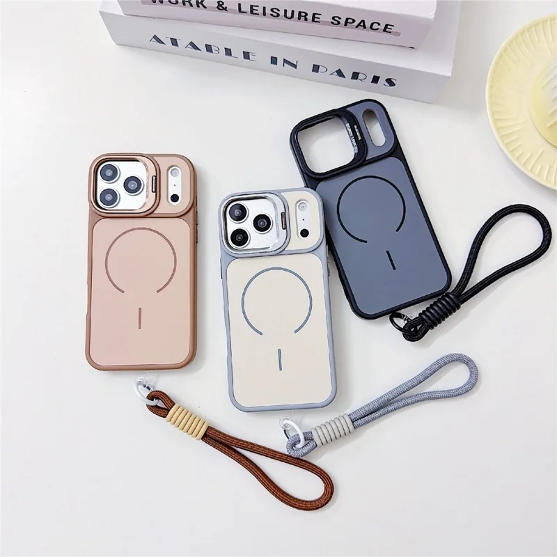 For iPhone 17 Pro Magnetic Case Lens Frame Kickstand Skin-touch PC + TPU Cover with Wrist Strap - Beige
