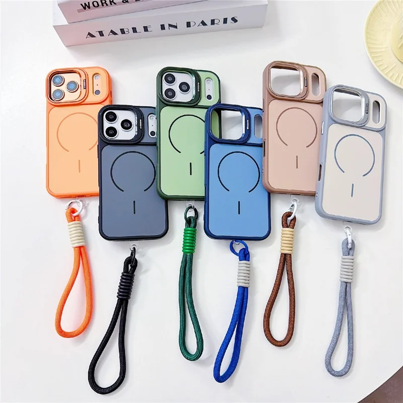 For iPhone 17 Pro Magnetic Case Lens Frame Kickstand Skin-touch PC + TPU Cover with Wrist Strap - Beige