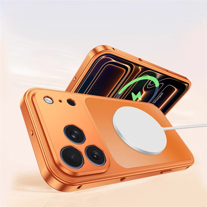 For iPhone 17 Pro Max Magnetic Case Metal Frame PC Back Phone Cover with Pop-Up Buckle - Orange