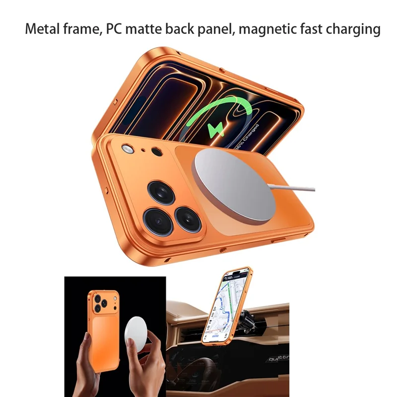 For iPhone 17 Pro Magnetic Case Metal Frame PC Back Phone Cover with Pop-Up Buckle - Orange