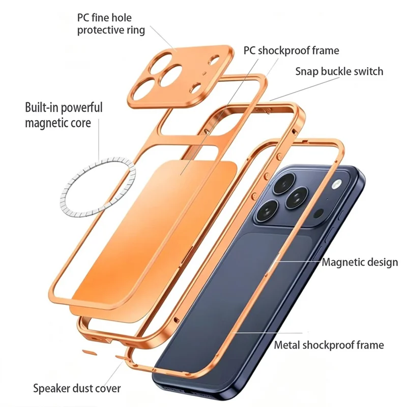 For iPhone 17 Pro Magnetic Case Metal Frame PC Back Phone Cover with Pop-Up Buckle - Orange