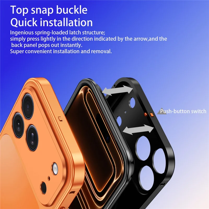 For iPhone 17 Pro Magnetic Case Metal Frame PC Back Phone Cover with Pop-Up Buckle - Orange