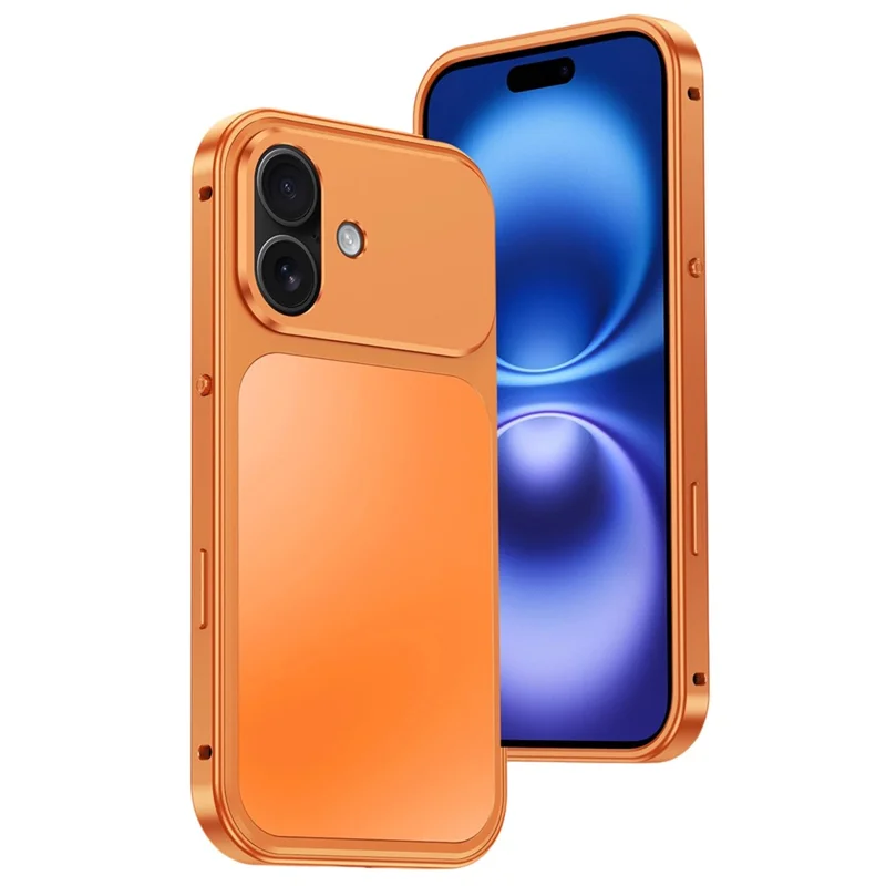 For iPhone 16 Magnetic Case Metal Frame PC Back Phone Cover with Pop-Up Buckle - Orange