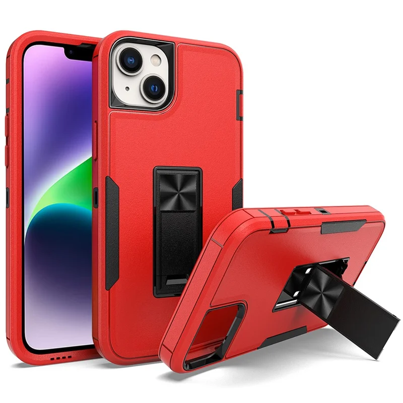 For iPhone 14 Hard PC Soft TPU Shock Absorption Case Shockproof Kickstand Phone Cover Work with Magnetic Car Mount - Red / Black
