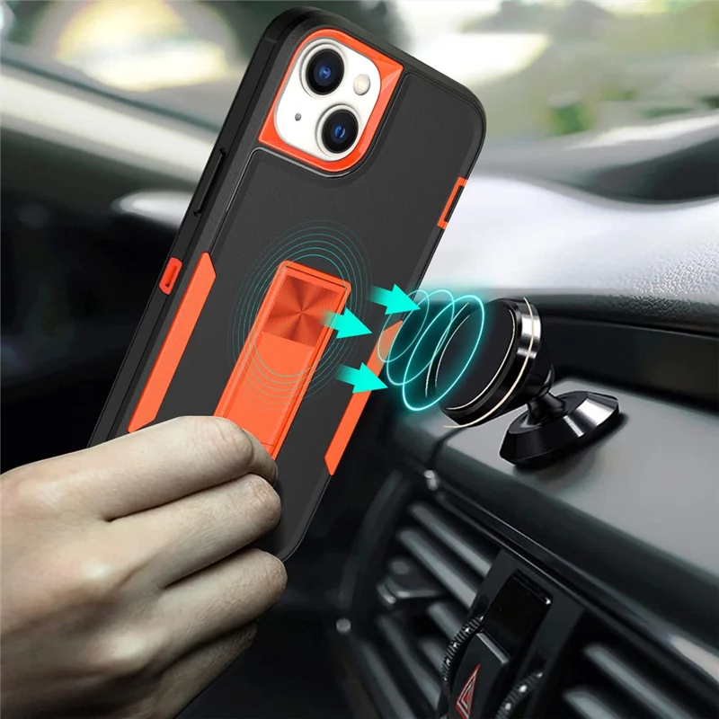 For iPhone 14 Hard PC Soft TPU Shock Absorption Case Shockproof Kickstand Phone Cover Work with Magnetic Car Mount - Red / Black