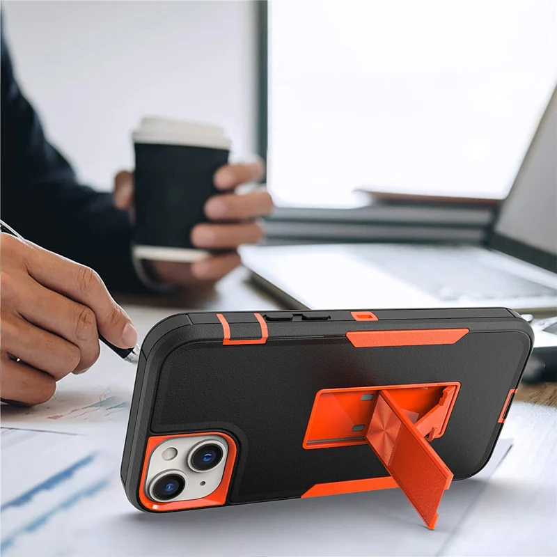 For iPhone 14 Hard PC Soft TPU Shock Absorption Case Shockproof Kickstand Phone Cover Work with Magnetic Car Mount - Red / Black