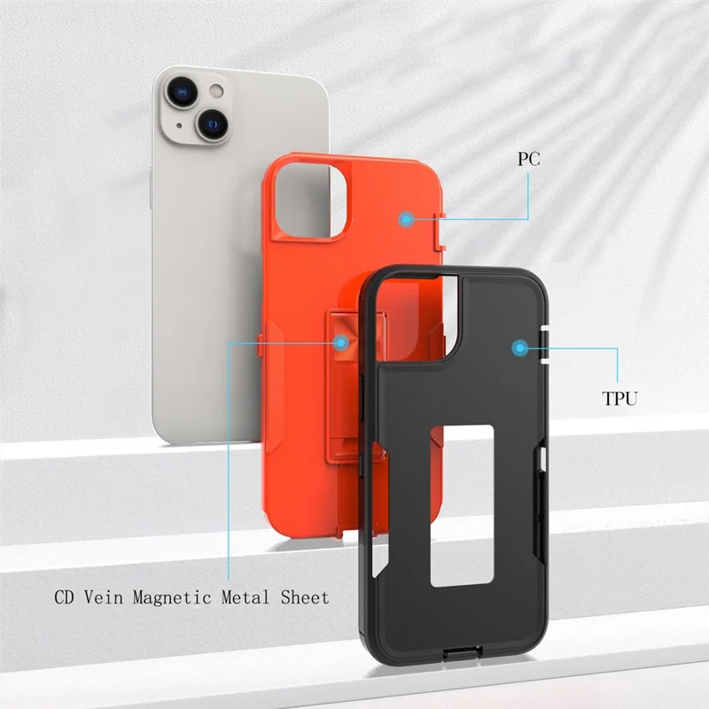 For iPhone 14 Hard PC Soft TPU Shock Absorption Case Shockproof Kickstand Phone Cover Work with Magnetic Car Mount - Red / Black