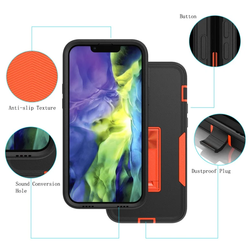 For iPhone 14 Hard PC Soft TPU Shock Absorption Case Shockproof Kickstand Phone Cover Work with Magnetic Car Mount - Red / Black