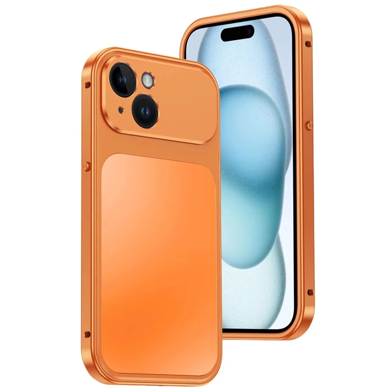 For iPhone 15 Magnetic Case Metal Frame PC Back Phone Cover with Pop-Up Buckle - Orange