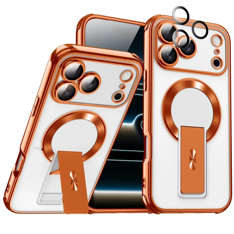 Funda magnética para iPhone 17 Pro Max con marco galvanizado, soporte plegable, carcasa protectora PC+TPU con película para lente - Naranja