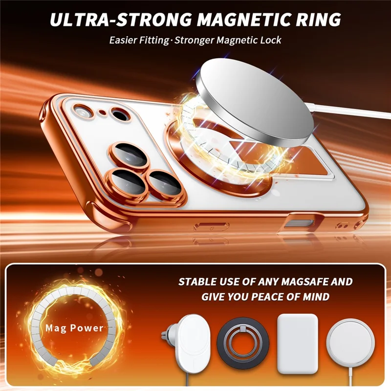 Funda magnética para iPhone 17 Pro Max con marco galvanizado, soporte plegable, carcasa protectora PC+TPU con película para lente - Naranja