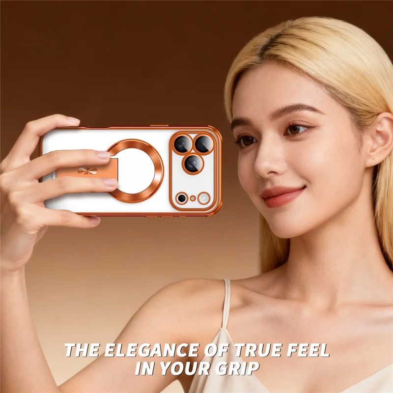 Funda magnética para iPhone 17 Pro Max con marco galvanizado, soporte plegable, carcasa protectora PC+TPU con película para lente - Naranja