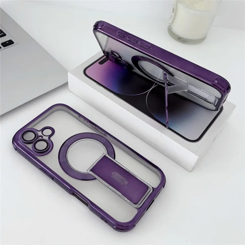 For iPhone 16 Magnetic Case Electroplated Kickstand PC+TPU Protective Cover with Lens Film - Dark Purple