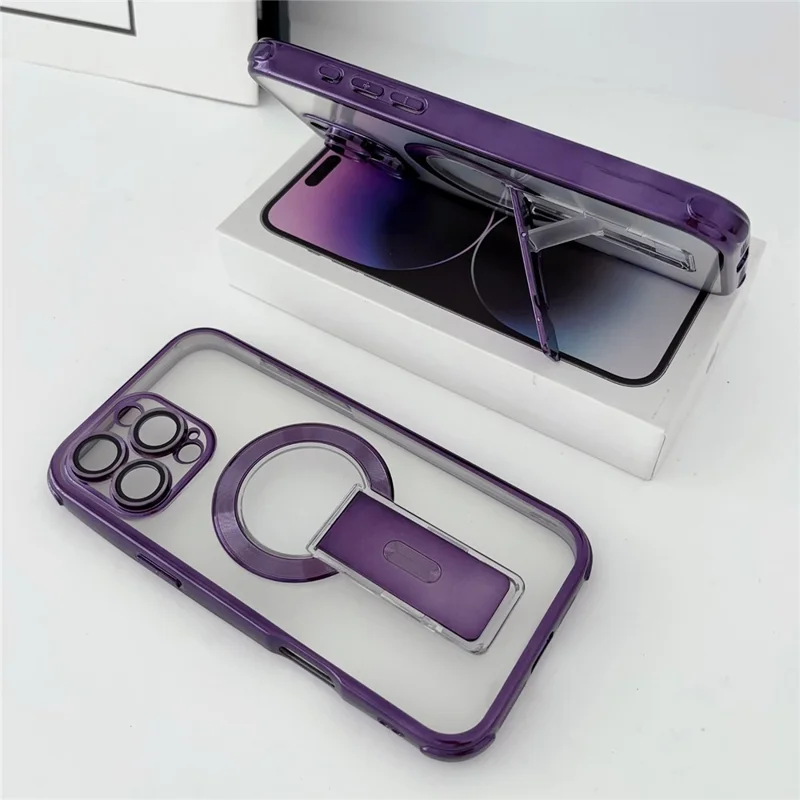 For iPhone 16 Pro Max Magnetisk Hylster med Elektropladeret Foldbar Støtteben PC+TPU Beskyttelsesdæksel med Linseside - Mørkeblå