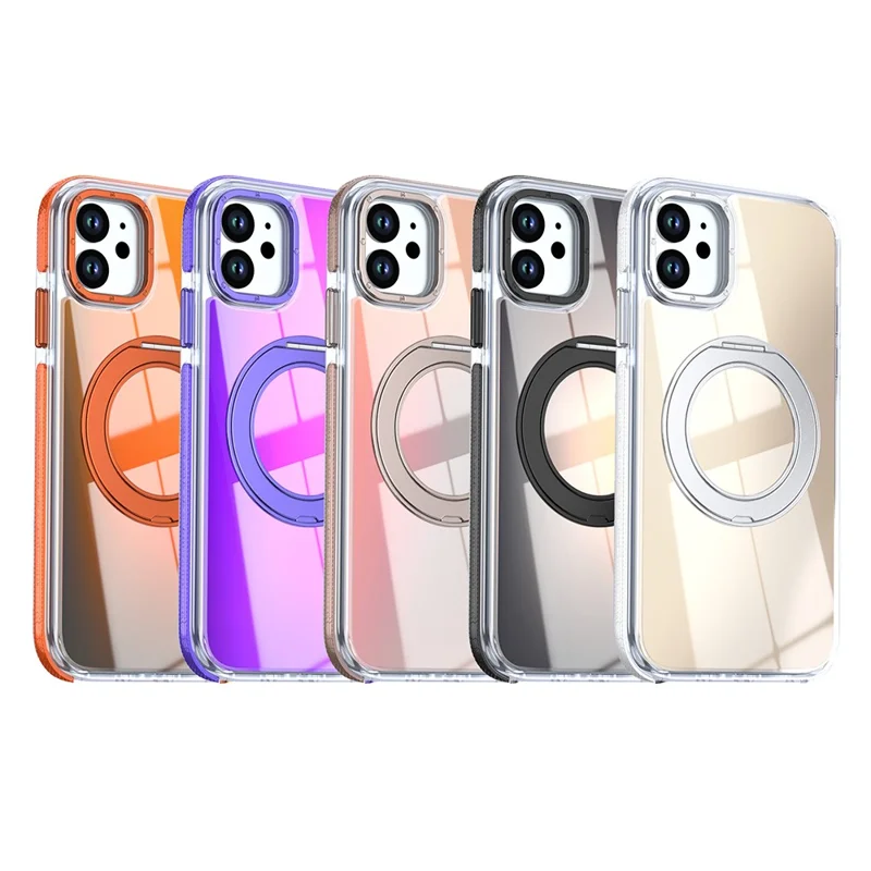 For iPhone 11 Magnetic Case Fluorescent Design TPU Acrylic Phone Back Cover with 360° Rotating Kickstand - White