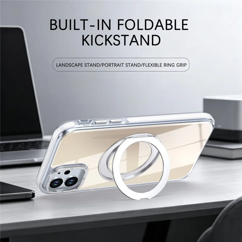 For iPhone 11 Magnetic Case Fluorescent Design TPU Acrylic Phone Back Cover with 360° Rotating Kickstand - White