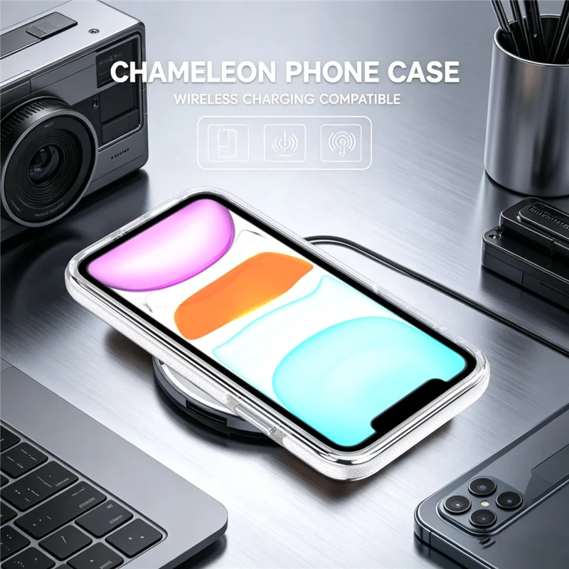For iPhone 11 Magnetic Case Fluorescent Design TPU Acrylic Phone Back Cover with 360° Rotating Kickstand - White