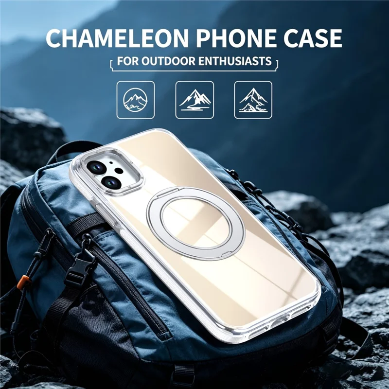 For iPhone 11 Magnetic Case Fluorescent Design TPU Acrylic Phone Back Cover with 360° Rotating Kickstand - White