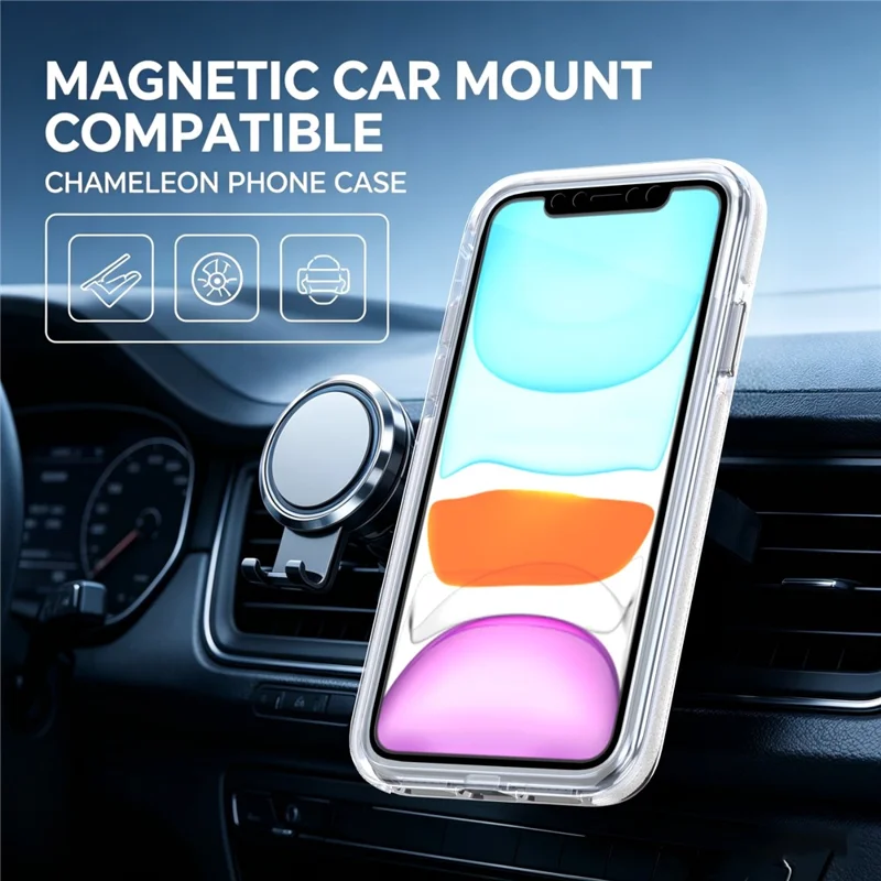 For iPhone 11 Magnetic Case Fluorescent Design TPU Acrylic Phone Back Cover with 360° Rotating Kickstand - White