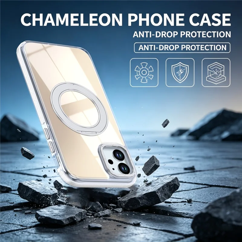 For iPhone 11 Magnetic Case Fluorescent Design TPU Acrylic Phone Back Cover with 360° Rotating Kickstand - White