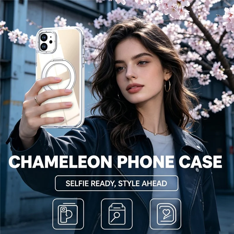 For iPhone 11 Magnetic Case Fluorescent Design TPU Acrylic Phone Back Cover with 360° Rotating Kickstand - White