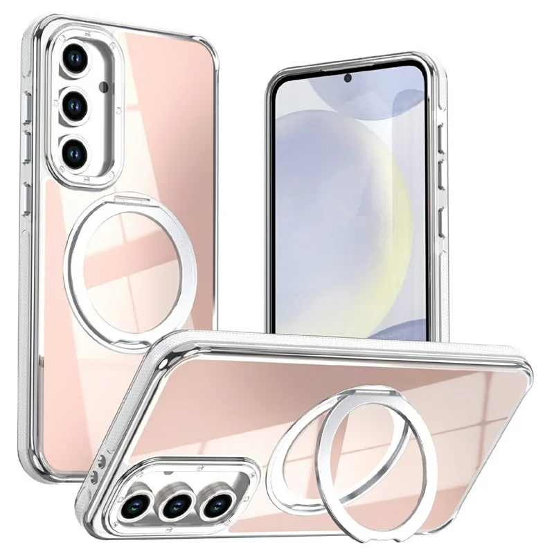 For Samsung Galaxy S24 FE Magnetic Case Fluorescent Design TPU Acrylic Phone Back Cover with 360° Rotating Kickstand - White