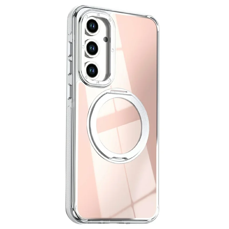 For Samsung Galaxy S24 FE Magnetic Case Fluorescent Design TPU Acrylic Phone Back Cover with 360° Rotating Kickstand - White