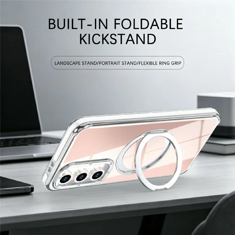 For Samsung Galaxy S24 FE Magnetic Case Fluorescent Design TPU Acrylic Phone Back Cover with 360° Rotating Kickstand - White