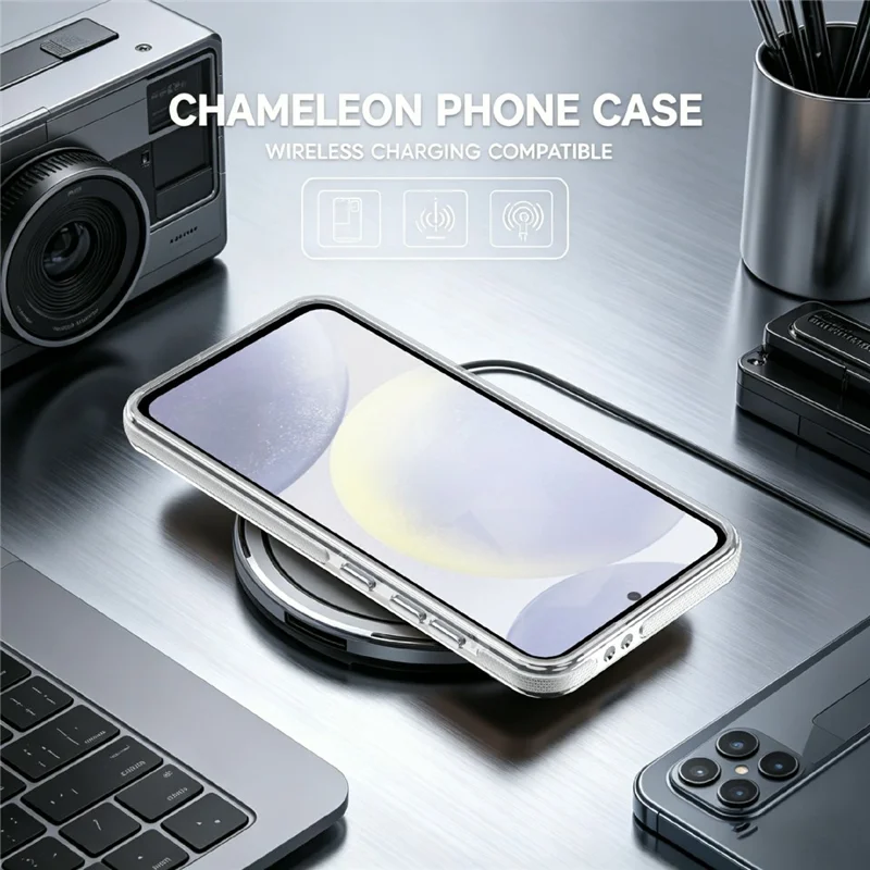 For Samsung Galaxy S24 FE Magnetic Case Fluorescent Design TPU Acrylic Phone Back Cover with 360° Rotating Kickstand - White