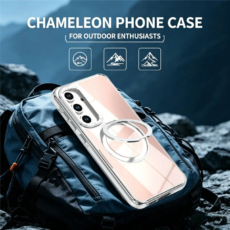 For Samsung Galaxy S24 FE Magnetic Case Fluorescent Design TPU Acrylic Phone Back Cover with 360° Rotating Kickstand - White
