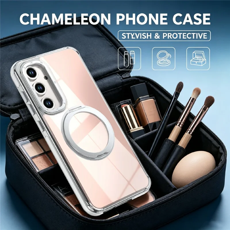 For Samsung Galaxy S24 FE Magnetic Case Fluorescent Design TPU Acrylic Phone Back Cover with 360° Rotating Kickstand - White