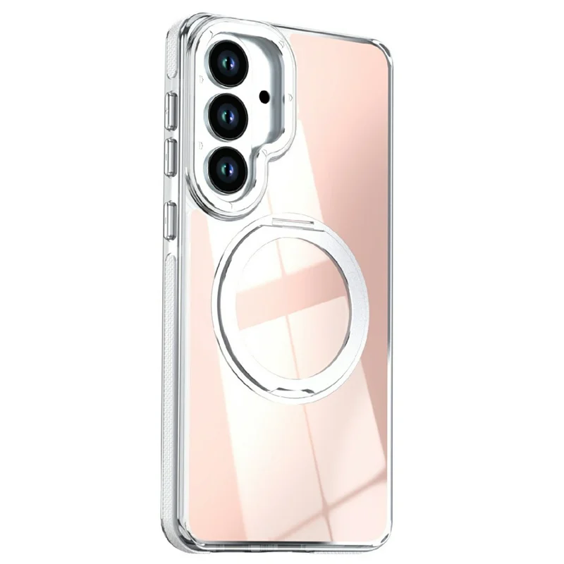 For Samsung Galaxy S26 Magnetic Case Fluorescent Design TPU Acrylic Phone Back Cover with 360° Rotating Kickstand - White