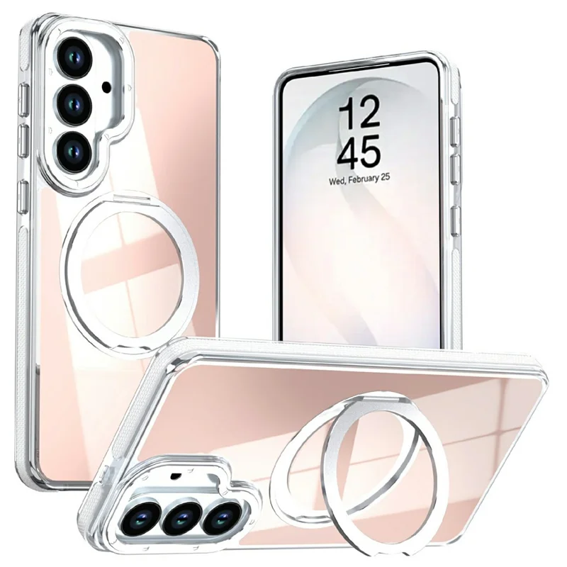 For Samsung Galaxy S26+ Magnetic Case Fluorescent Design TPU Acrylic Phone Back Cover with 360° Rotating Kickstand - White