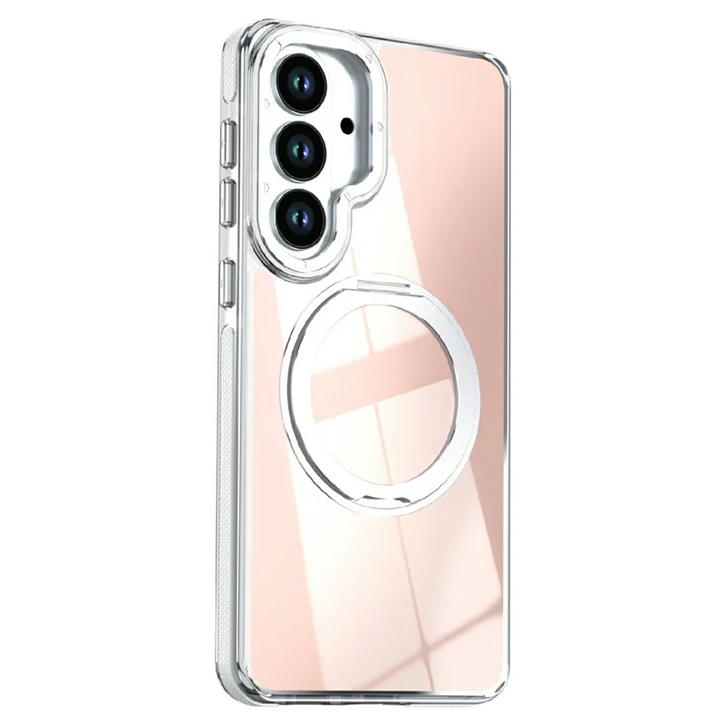 For Samsung Galaxy S26+ Magnetic Case Fluorescent Design TPU Acrylic Phone Back Cover with 360° Rotating Kickstand - White