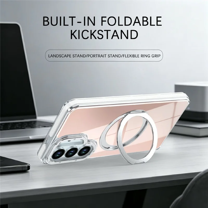 For Samsung Galaxy S26+ Magnetic Case Fluorescent Design TPU Acrylic Phone Back Cover with 360° Rotating Kickstand - White