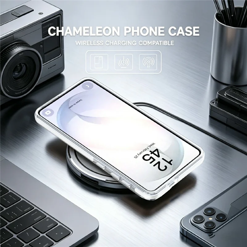 For Samsung Galaxy S26+ Magnetic Case Fluorescent Design TPU Acrylic Phone Back Cover with 360° Rotating Kickstand - White