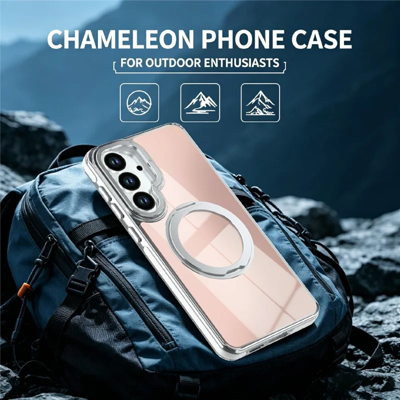 For Samsung Galaxy S26+ Magnetic Case Fluorescent Design TPU Acrylic Phone Back Cover with 360° Rotating Kickstand - White