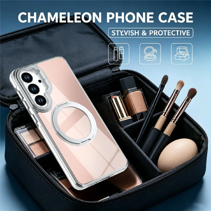 For Samsung Galaxy S26+ Magnetic Case Fluorescent Design TPU Acrylic Phone Back Cover with 360° Rotating Kickstand - White