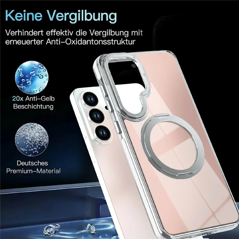 For Samsung Galaxy S26+ Magnetic Case Fluorescent Design TPU Acrylic Phone Back Cover with 360° Rotating Kickstand - White