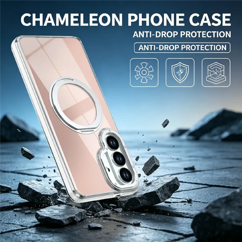 For Samsung Galaxy S26+ Magnetic Case Fluorescent Design TPU Acrylic Phone Back Cover with 360° Rotating Kickstand - White