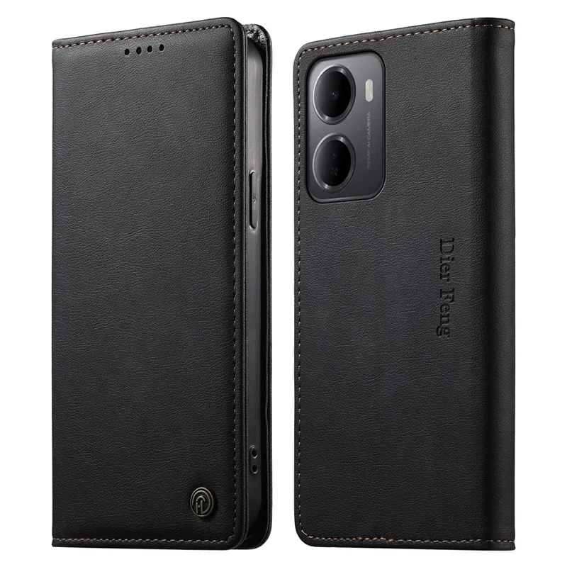 DIERFENG DF-019 til Xiaomi Redmi 15a 5G Læder Wallet Case Magnetisk Flip Cover med Kortfag RFID-blokerende - Sort
