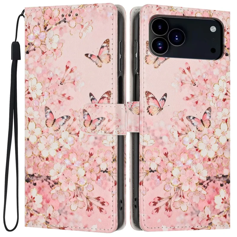 För iPhone 17 Pro Max Plånboksfodral Mönstertryckt PU-läder Ståndfodral Vipfodral med Handlovsrem - Rosa Sakurafjäril