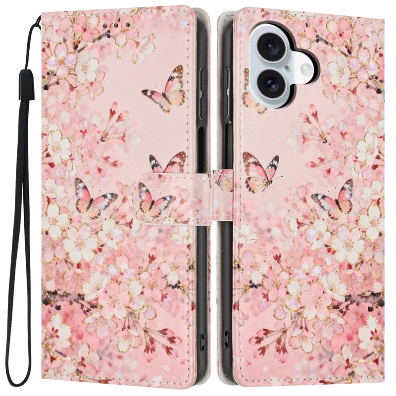 For iPhone 17 Wallet Case Pattern Printing PU Leather Stand Flip Phone Cover with Wrist Strap - Pink Sakura Butterfly