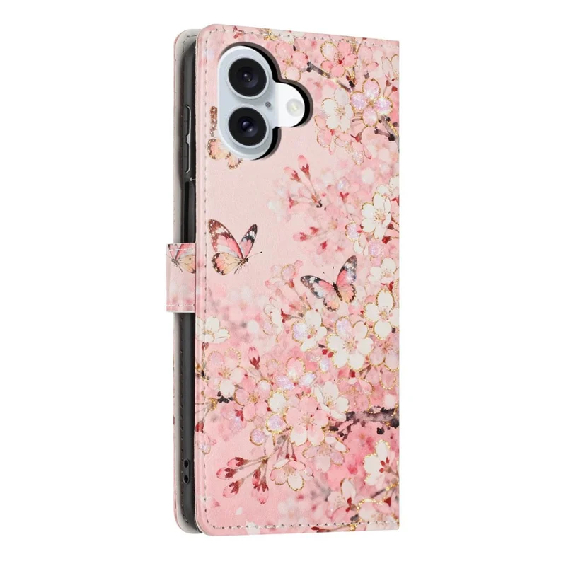 For iPhone 17 Wallet Case Pattern Printing PU Leather Stand Flip Phone Cover with Wrist Strap - Pink Sakura Butterfly