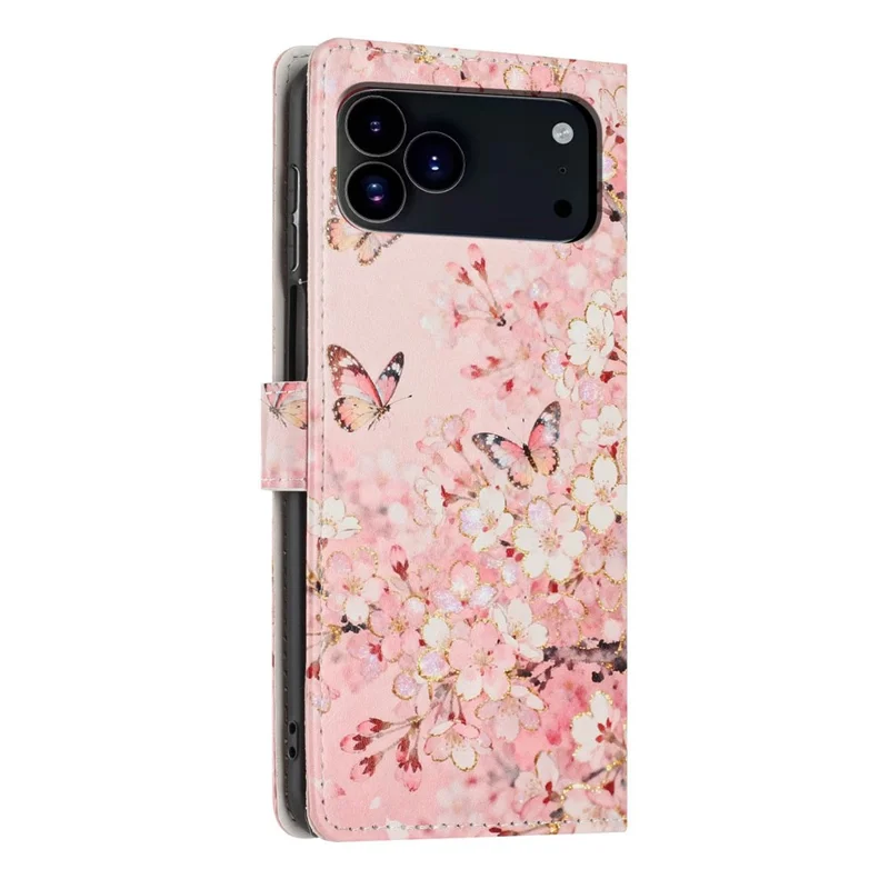 For iPhone 17 Pro Wallet Case Pattern Printing PU Leather Stand Flip Phone Cover with Wrist Strap - Pink Sakura Butterfly